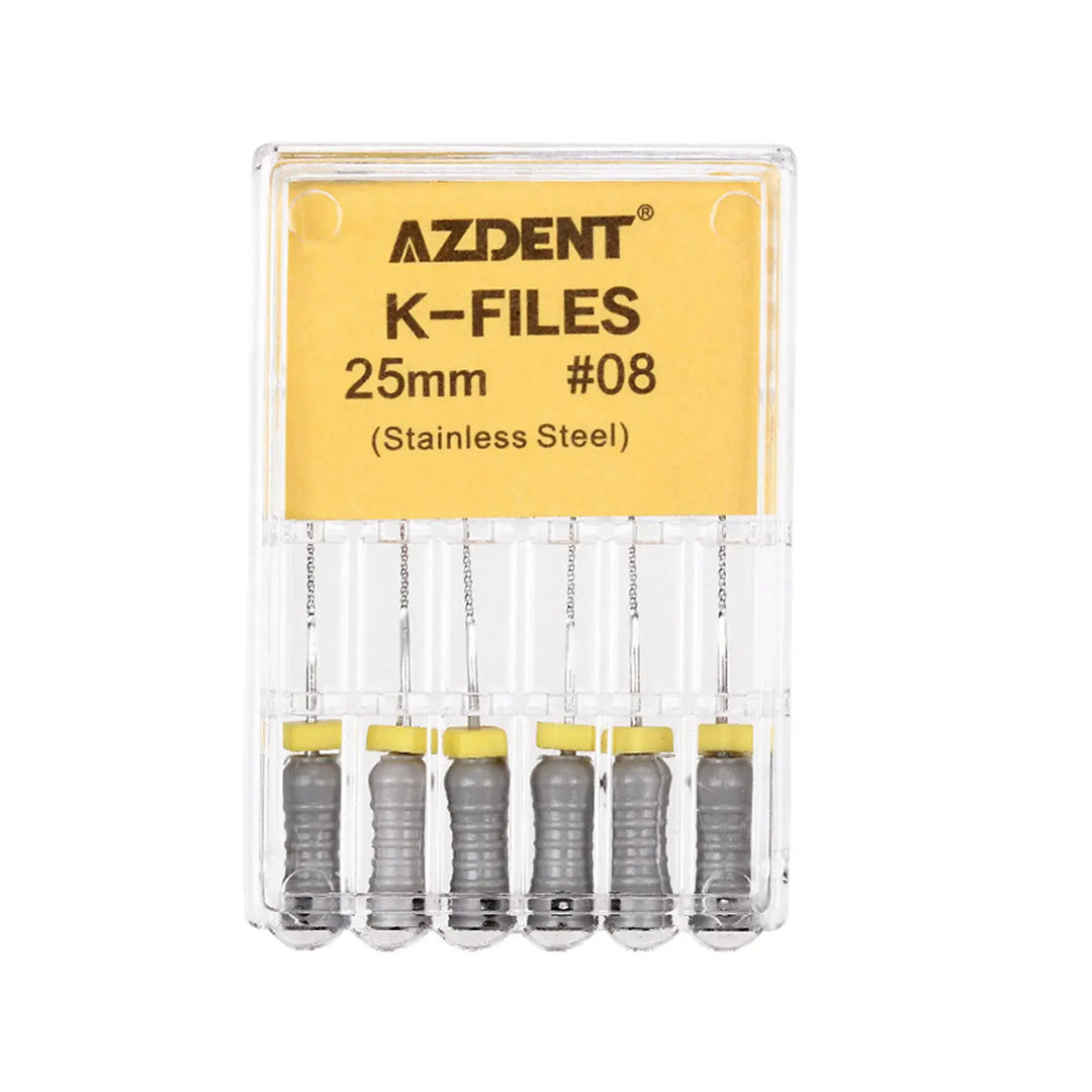 Dental Hand K-Files Stainless Steel 25mm #15-80 6p/Pk 9 Color: AZDENT K-Files 25mm #08 stainless steel dental files in clear plastic case. Six grey-handled files visible, with yellow label showing product details. Essential endodontic tool for root canal procedures.