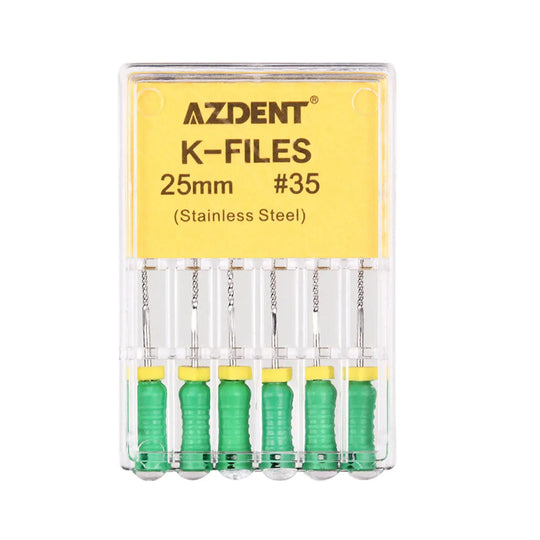 Dental Hand K-Files Stainless Steel 25mm #15-80 6p/Pk 9 Color: AZDENT K-Files 25mm #35 set in yellow plastic case, displaying six stainless steel files with green handles, ideal for dental procedures and root canal treatments