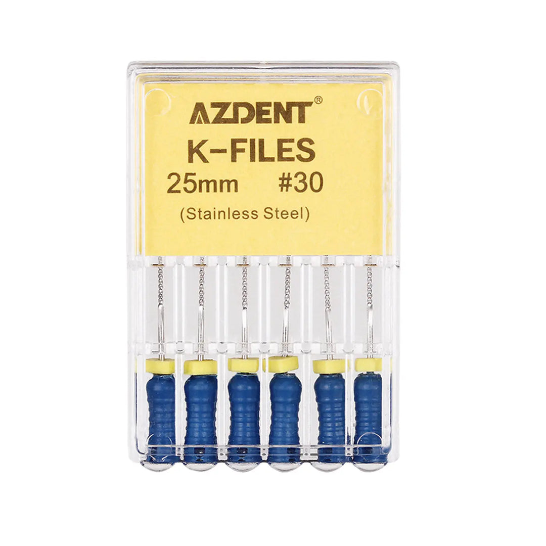 Dental Hand K-Files Stainless Steel 25mm #15-80 6p/Pk 9 Color: AZDENT K-Files 25mm #30 stainless steel dental files in clear plastic case with yellow label. Six blue-handled instruments visible, showcasing high-quality endodontic tools for dental procedures.