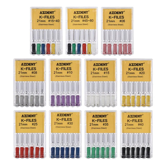 Dental Hand K-Files Stainless Steel 21mm #15-80 6p/Pk 9 Color: Assorted color-coded dental K-files in various sizes, displayed in transparent plastic cases with yellow labels. Each case contains six stainless steel files for different dental procedures, organized by size and color for easy identification.