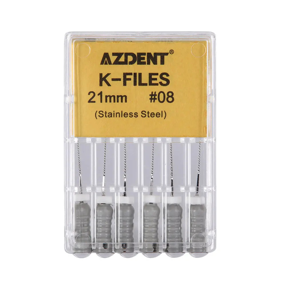 Dental Hand K-Files Stainless Steel 21mm #15-80 6p/Pk 9 Color: AZDENT K-Files 21mm #08 stainless steel dental tools in clear plastic case. Six grey-handled files visible with yellow label showing product details.