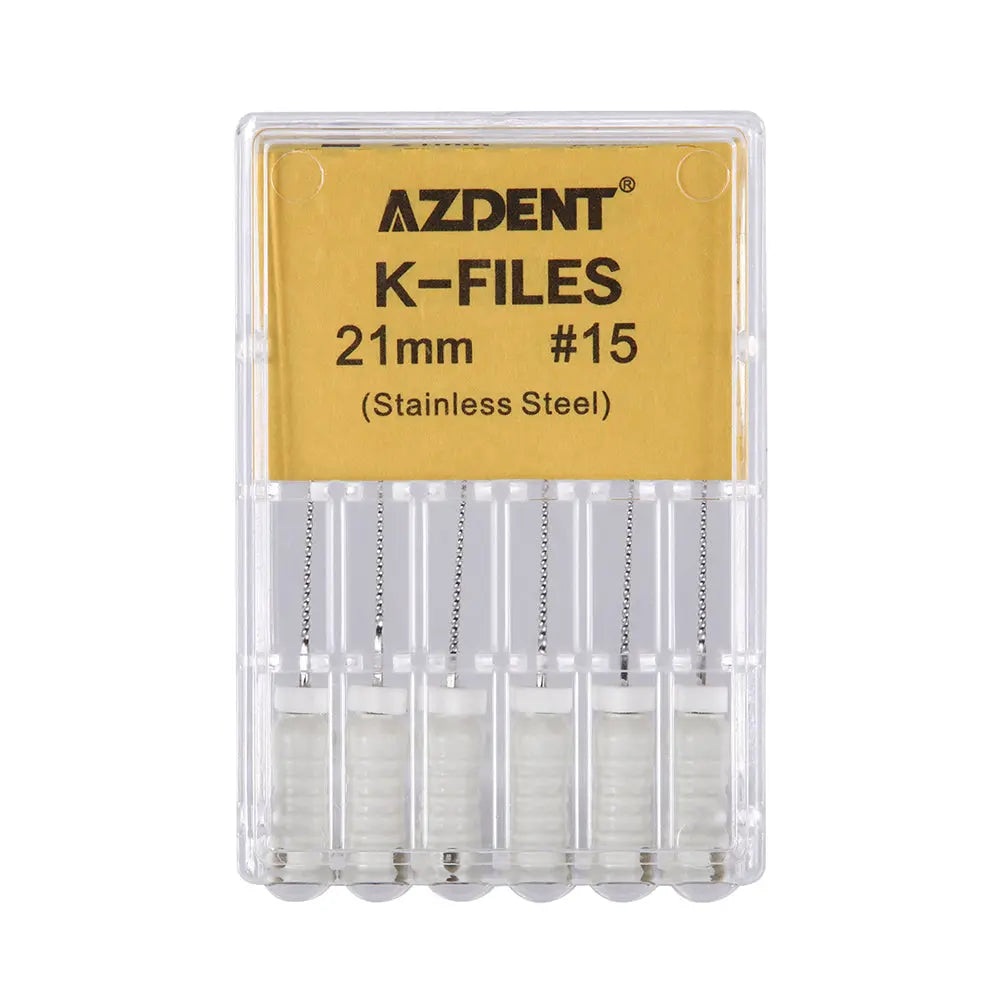 Dental Hand K-Files Stainless Steel 21mm #15-80 6p/Pk 9 Color: AZDENT K-Files 21mm #15 stainless steel endodontic files in clear plastic case. Six white-handled files visible, with yellow product label showing size and material details.