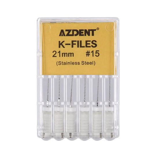 Dental Hand K-Files Stainless Steel 21mm #15-80 6p/Pk 9 Color: AZDENT K-Files 21mm #15 stainless steel endodontic files in clear plastic case. Six white-handled files visible, with yellow product label showing size and material details.