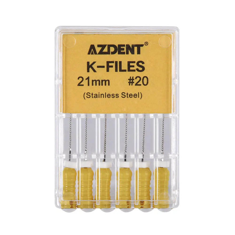 Dental Hand K-Files Stainless Steel 21mm #15-80 6p/Pk 9 Color: AZDENT K-Files 21mm #20 stainless steel dental files in clear plastic case, 6-piece set with yellow handles, for endodontic procedures and root canal treatments