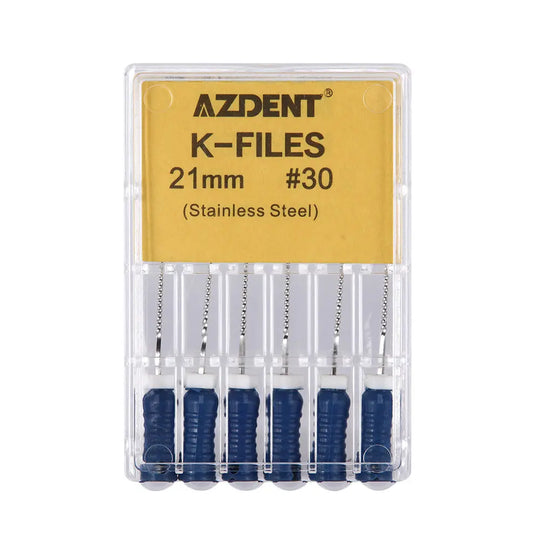 Dental Hand K-Files Stainless Steel 21mm #15-80 6p/Pk 9 Color: AZDENT K-Files 21mm #30 stainless steel dental files in clear plastic case with yellow label, showing six blue-handled instruments for endodontic procedures