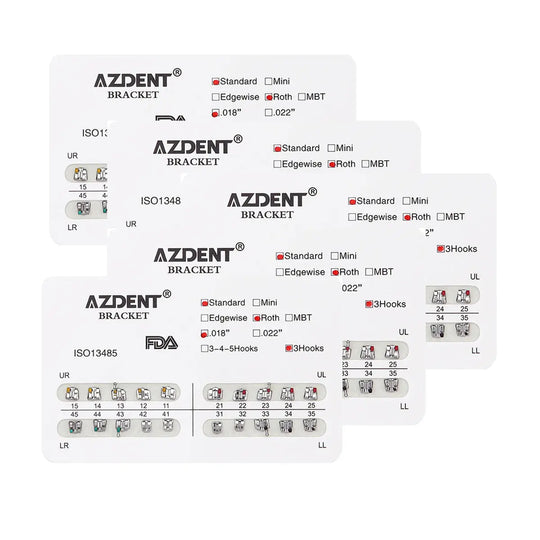 AZDENT Dental Metal Brackets Standard Roth Slot .018 Hooks on 3 20pcs/Pk displayed on packaging cards. Multiple sets of orthodontic brackets shown with various specifications and details, including slot size, hook placement, and type. Product layout emphasizes features and technical information for dental professionals.