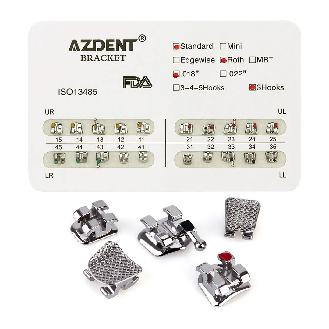 Dental Metal Brackets Standard Roth Slot .018 Hooks on 3 20pcs/Pk: AZDENT orthodontic bracket set with product specifications card and five metal bracket samples shown below, featuring standard Roth slot, .018 size, and 3 hooks for precise dental alignment and treatment.