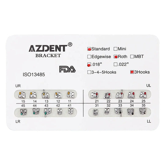 Dental Metal Brackets Standard Roth Slot .018 Hooks on 3 20pcs/Pk: AZDENT brand orthodontic bracket chart showing 20 metal brackets with color-coded ID system, indicating Standard Roth .018" slot with 3 hooks. FDA approved, ISO13485 certified for dental use.