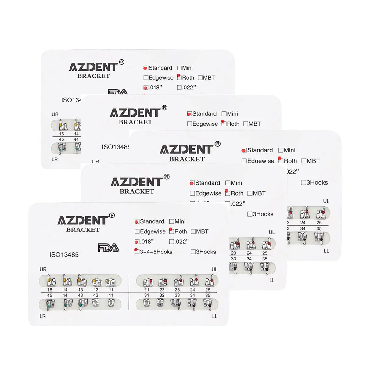 Dental Metal Brackets Standard Roth Slot .018 Hooks on 345 20pcs/Pk: Multiple packages of AZDENT orthodontic brackets displaying product specifications, sizes, and diagrams for precise dental application. Clear labeling shows Standard, Roth, and hook options for various teeth positions.