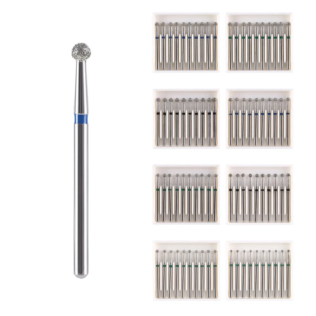 Dental Diamond Burs Drills Ball Round FG 1.6mm for High Speed Handpiece 10pcs/Pk: Stainless steel dental burs with diamond-coated ball tips in various grits, displayed individually and in packages of 10. Suitable for high-speed handpieces, sterilizable, and capable of 450,000 RPM.