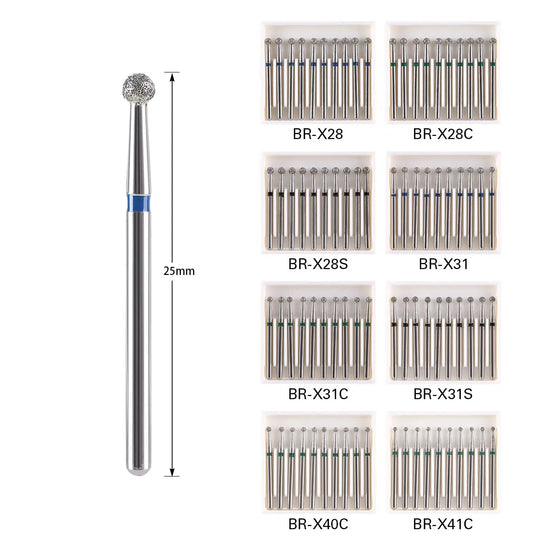 Dental Diamond Burs Drills Ball Round FG 1.6mm for High Speed Handpiece 10pcs/Pk. Set of stainless steel dental burs in various grit sizes and types, including BR-X28, BR-X28C, BR-X28S, BR-X31, BR-X31C, BR-X31S, BR-X40C, and BR-X41C. Suitable for high-speed dental handpieces.