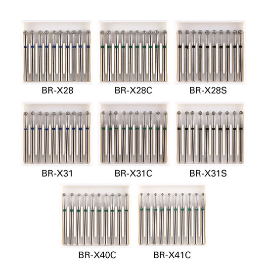 Dental Diamond Burs Drills Ball Round FG 1.6mm for High Speed Handpiece 10pcs/Pk displayed in 8 sets, labeled BR-X28, BR-X28C, BR-X28S, BR-X31, BR-X31C, BR-X31S, BR-X40C, and BR-X41C, with varying grit colors including blue, green, and black for different coarseness levels.