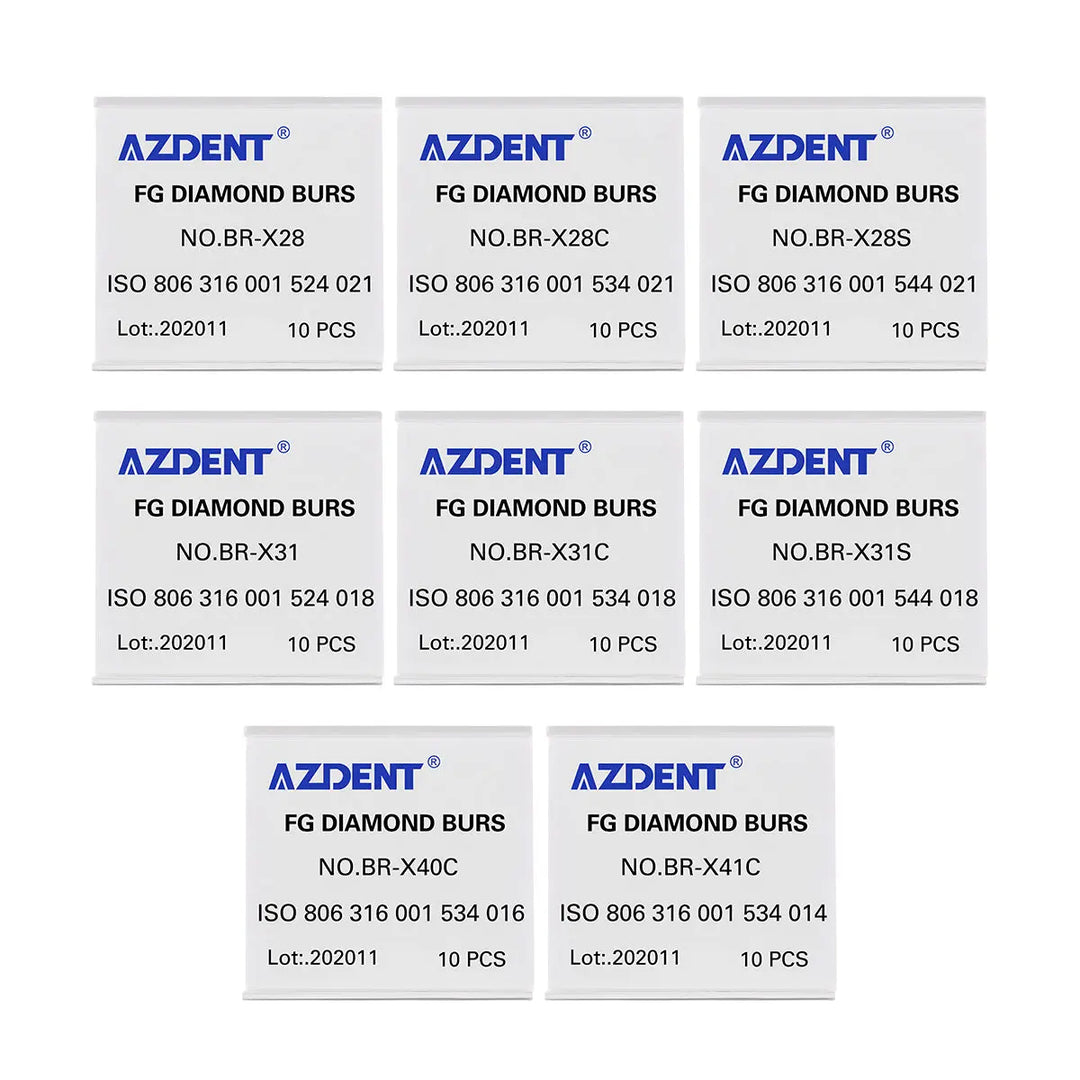 Dental Diamond Burs Drills Ball Round FG 1.6mm for High Speed Handpiece 10pcs/Pk. Eight white product labels for AZDENT FG Diamond Burs, showing different models, ISO codes, and specifications. Each label indicates 10 pieces per pack, with lot number 202011.