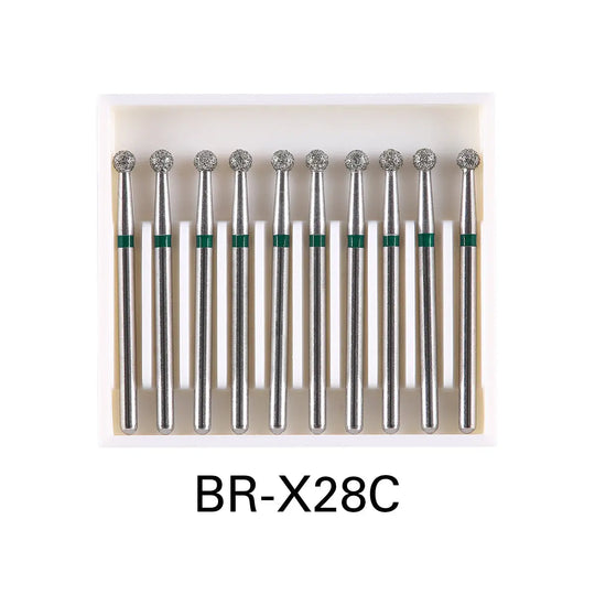 Dental Diamond Burs Drills Ball Round FG 1.6mm for High Speed Handpiece 10pcs/Pk: Set of 10 stainless steel dental burs with ball-shaped diamond tips, green bands indicating coarse grit, labeled BR-X28C, arranged neatly in a white storage case.