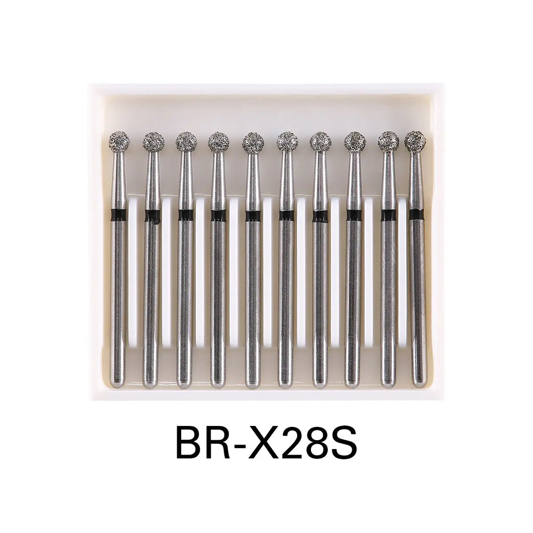 Dental Diamond Burs Drills Ball Round FG 1.6mm for High Speed Handpiece 10pcs/Pk, BR-X28S model, displayed in a white case. Ten stainless steel dental burs with round diamond-coated tips, designed for high-speed dental handpieces, lined up neatly in the case.