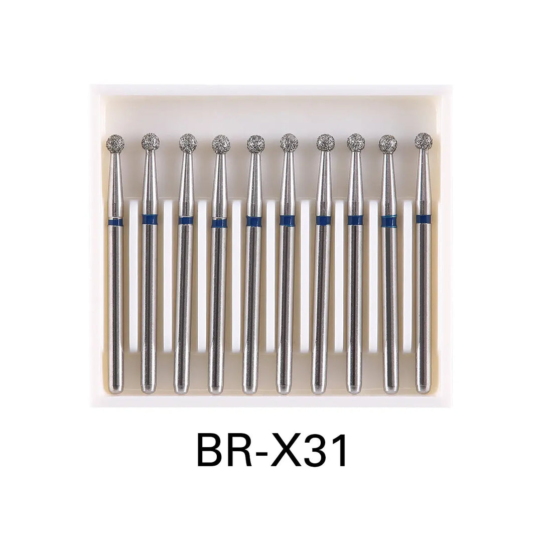 Dental Diamond Burs Drills Ball Round FG 1.6mm for High Speed Handpiece 10pcs/Pk, BR-X31 model. Set of ten silver dental burs with blue bands and spherical diamond-coated tips, displayed in a white plastic case. Professional dental tools for precise tooth preparation and shaping.