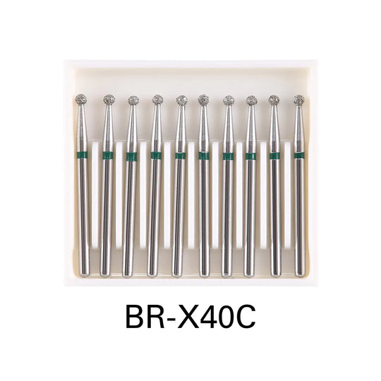 Dental Diamond Burs Drills Ball Round FG 1.6mm for High Speed Handpiece 10pcs/Pk BR-X40C set in clear case, featuring 10 stainless steel dental drills with green bands indicating coarse grit, designed for high-speed dental procedures up to 450,000 rpm