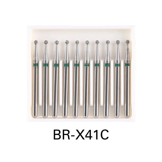 Set of 10 Dental Diamond Burs Drills Ball Round FG 1.6mm BR-X41C for High Speed Handpiece, displayed in a clear plastic case. Stainless steel burs with green bands indicating coarse grit, designed for dental procedures.