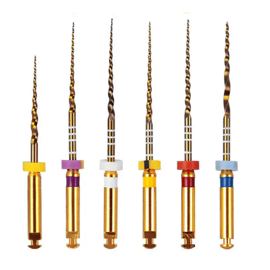 Dental NiTi Rotary Engine Files 25mm Assorted SX-F3 Gold 6pcs/Pk: Set of six gold-colored dental rotary files with twisted metal shafts and color-coded handles, arranged in ascending order of size. Used for root canal procedures and compatible with major rotary motors.