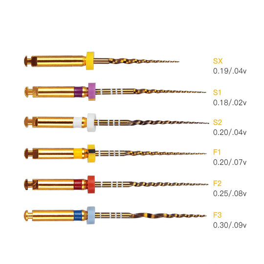 Dental NiTi Rotary Engine Files 25mm Assorted SX-F3 Gold 6pcs/Pk: Six gold-colored dental rotary files with different colored bands and spiral tips, arranged vertically. Each file is labeled with its model, size, and taper specifications.