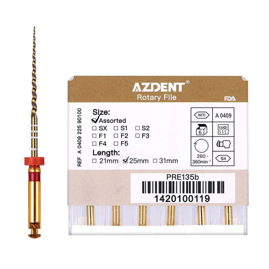 Dental NiTi Rotary Engine Files 25mm Assorted SX-F3 Gold 6pcs/Pk: AZDENT brand rotary file set with packaging box showing product details and a single gold-colored dental file with red accents displayed separately, illustrating the tool's design and size.