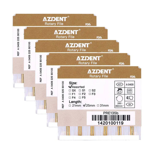 Dental NiTi Rotary Engine Files 25mm Assorted SX-F3 Gold 6pcs/Pk: Five boxes of AZDENT Rotary Files with gold-colored tips visible. Boxes display product information including size, length, and FDA approval. Six gold-tipped dental files shown at the bottom of the image.