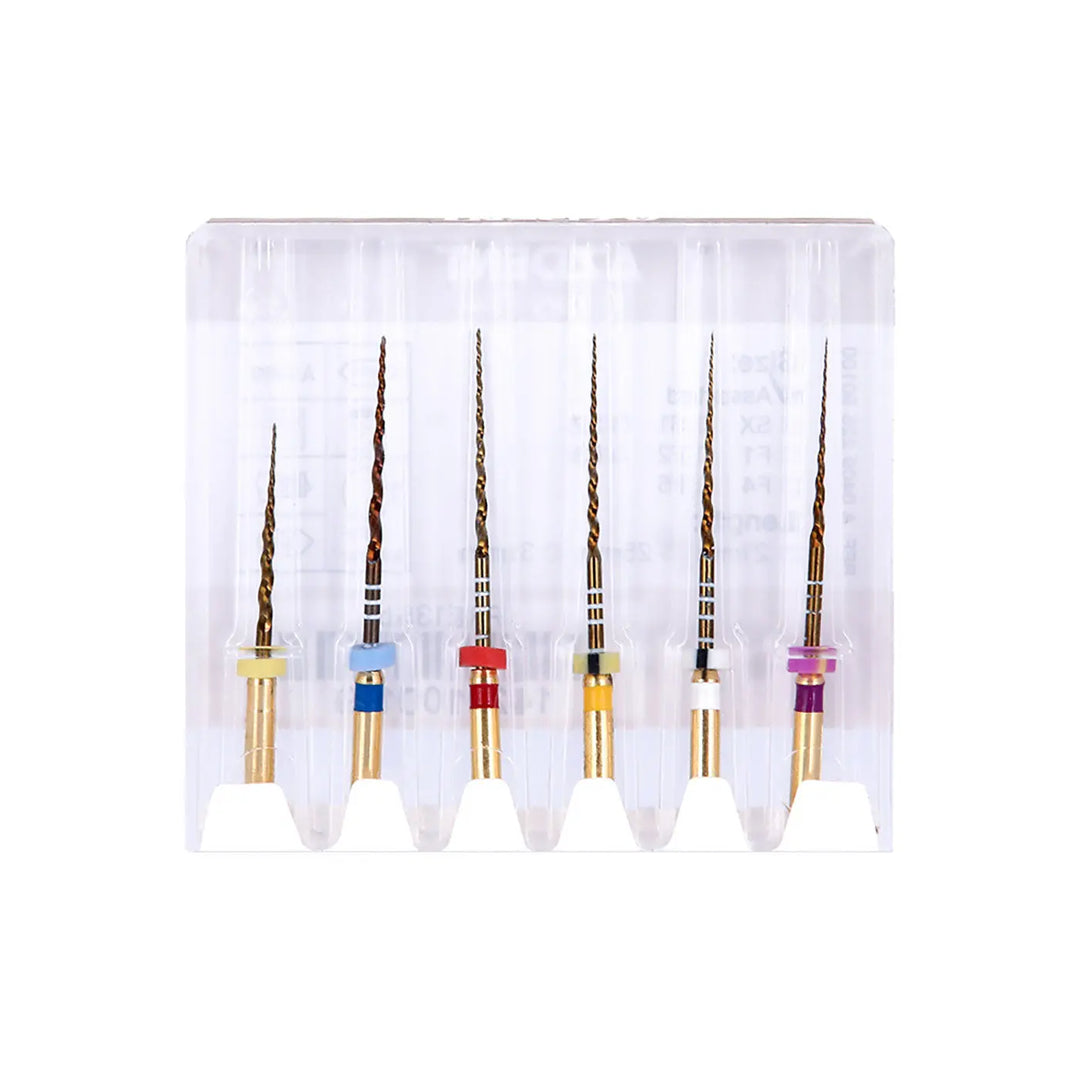 Dental NiTi Rotary Engine Files 25mm Assorted SX-F3 Gold 6pcs/Pk displayed in clear plastic packaging, showing six color-coded dental files of varying sizes and tapers arranged neatly in a row, designed for precise root canal procedures.