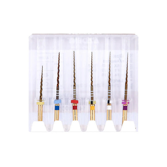 Dental NiTi Rotary Engine Files 25mm Assorted SX-F3 Gold 6pcs/Pk displayed in clear plastic packaging, showing six color-coded dental files of varying sizes and tapers arranged neatly in a row, designed for precise root canal procedures.