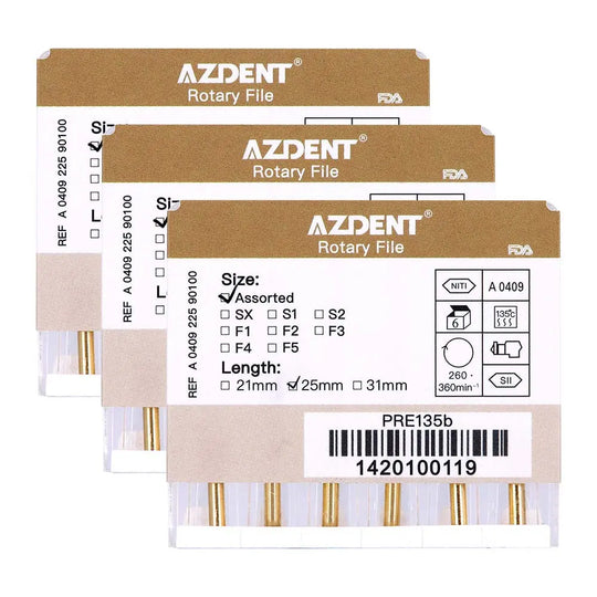 Three boxes of AZDENT Rotary Files for dental NiTi rotary engine use, showing product details and specifications for Dental NiTi Rotary Engine Files 25mm Assorted SX-F3 Gold 6pcs/Pk. Each box displays size options, length, and FDA approval.