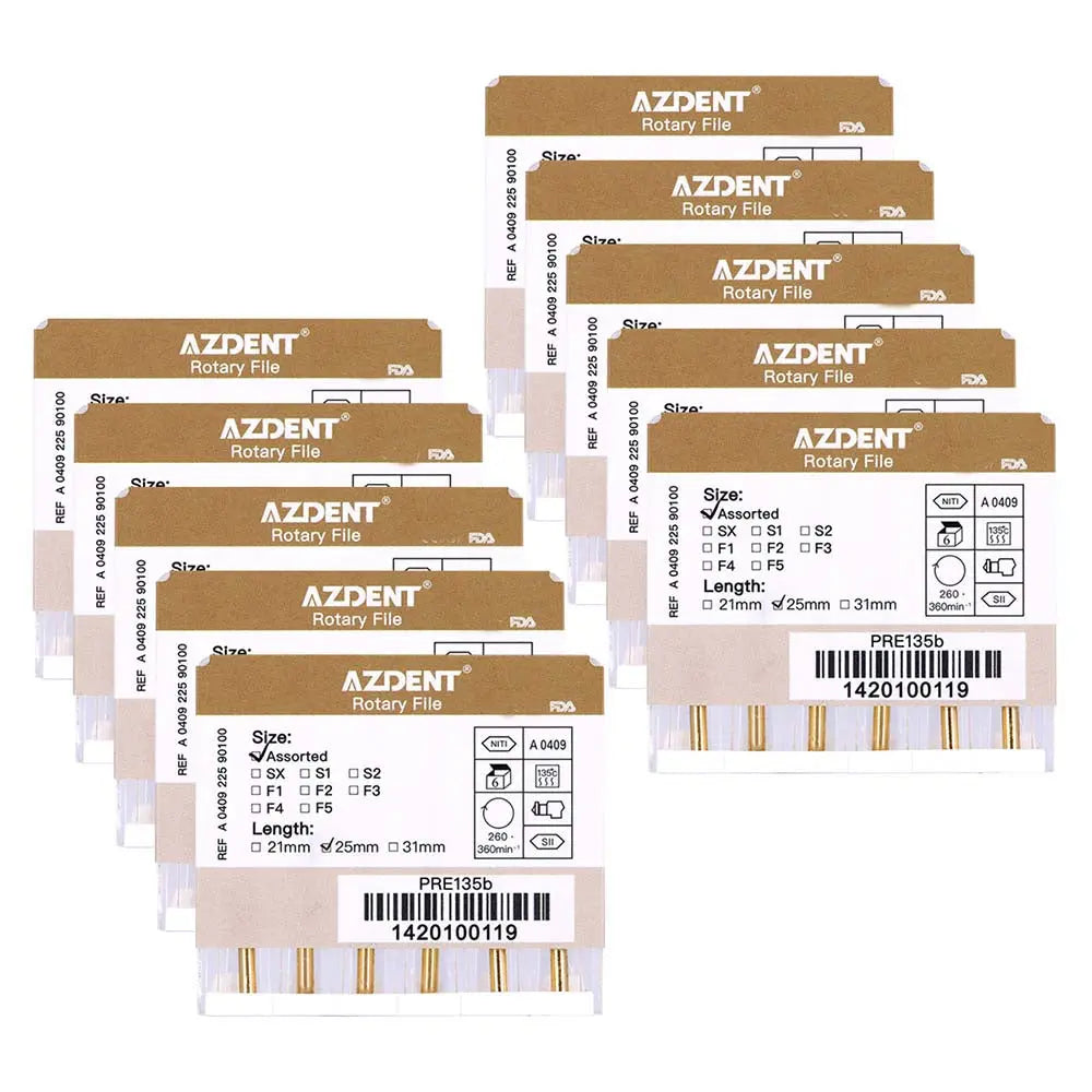 Multiple packages of Dental NiTi Rotary Engine Files 25mm Assorted SX-F3 Gold 6pcs/Pk, showing AZDENT branded boxes with product specifications and gold-colored dental files visible through clear packaging windows