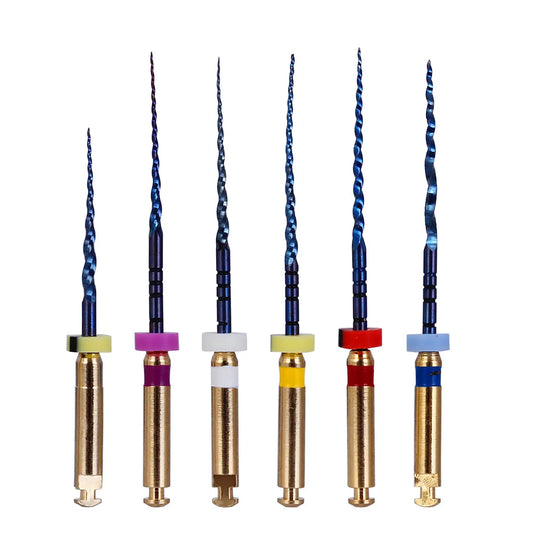 Dental NiTi Rotary Engine Files Heat Activated 25mm Assorted SX-F3 6pcs/Pk set displayed with blue spiral tips and gold handles, each file featuring a different colored band for easy identification and size recognition