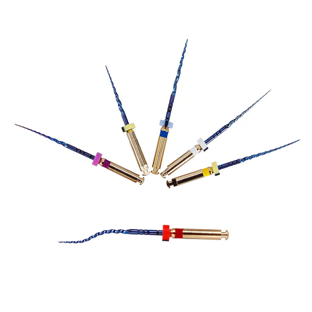 Dental NiTi Rotary Engine Files Heat Activated 25mm Assorted SX-F3 6pcs/Pk: Six colorful and flexible dental rotary files with gold-colored handles and blue spiral shafts, arranged in a fan shape on a white background, showcasing their various sizes and unique design for root canal procedures.