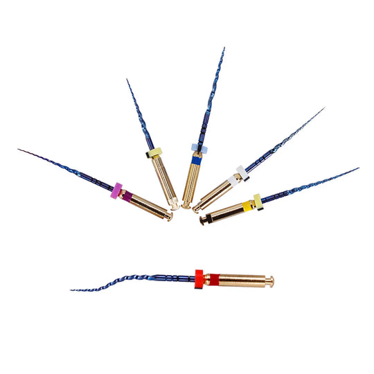 Dental NiTi Rotary Engine Files Heat Activated 25mm Assorted SX-F3 6pcs/Pk: Six colorful and flexible dental rotary files with gold-colored handles and blue spiral shafts, arranged in a fan shape on a white background, showcasing their various sizes and unique design for root canal procedures.