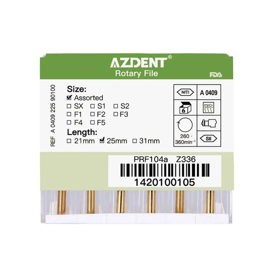 Dental NiTi Rotary Engine Files Heat Activated 25mm Assorted SX-F3 6pcs/Pk - AZDENT brand packaging showing product details, including size, length, and file types for dental rotary files, with barcode and FDA approval symbol