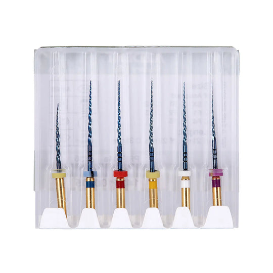 Dental NiTi Rotary Engine Files Heat Activated 25mm Assorted SX-F3 6pcs/Pk in clear plastic case, showing six colorful dental files with different sizes and tapers for root canal procedures