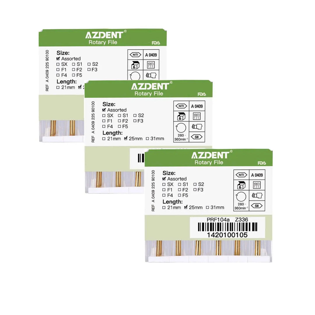 Three packages of Dental NiTi Rotary Engine Files Heat Activated 25mm Assorted SX-F3 6pcs/Pk, showing green-labeled boxes containing various sizes of rotary files for dental procedures, with product specifications visible on the packaging.