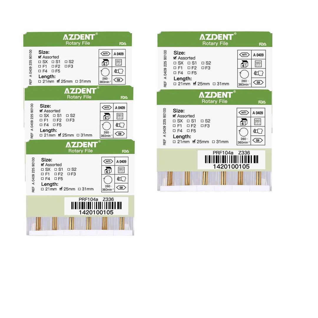 Six green-labeled packages of Dental NiTi Rotary Engine Files Heat Activated 25mm Assorted SX-F3 displaying product specifications, size information, and barcodes. Packages arranged in two rows of three, showcasing the AZDENT brand and product details for dental professionals.