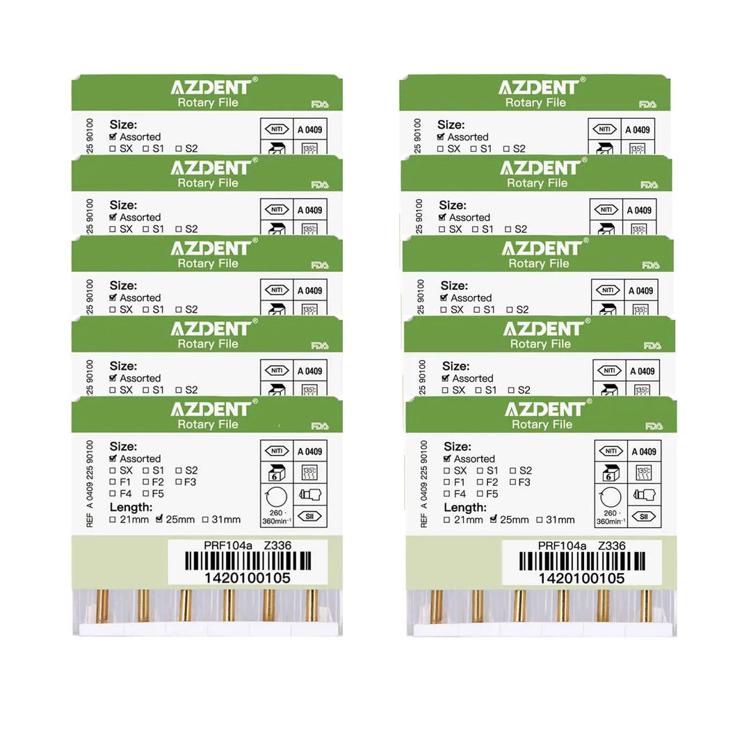 Dental NiTi Rotary Engine Files Heat Activated 25mm Assorted SX-F3 6pcs/Pk packaging labels showing product details, sizes, and specifications for Azdent brand rotary files used in dental procedures.