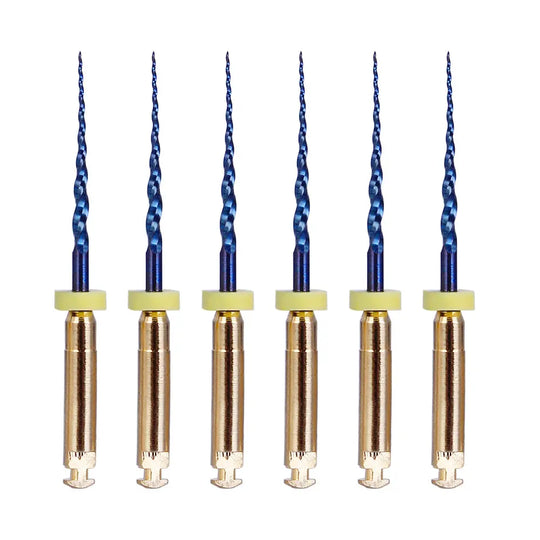 Dental NITI Rotary Engine Files Heat Activated 19mm SX 6pcs/Pk: Set of six blue spiral-tipped dental files with gold-colored shafts and yellow markings, designed for precise dental procedures and compatible with major rotary motors.