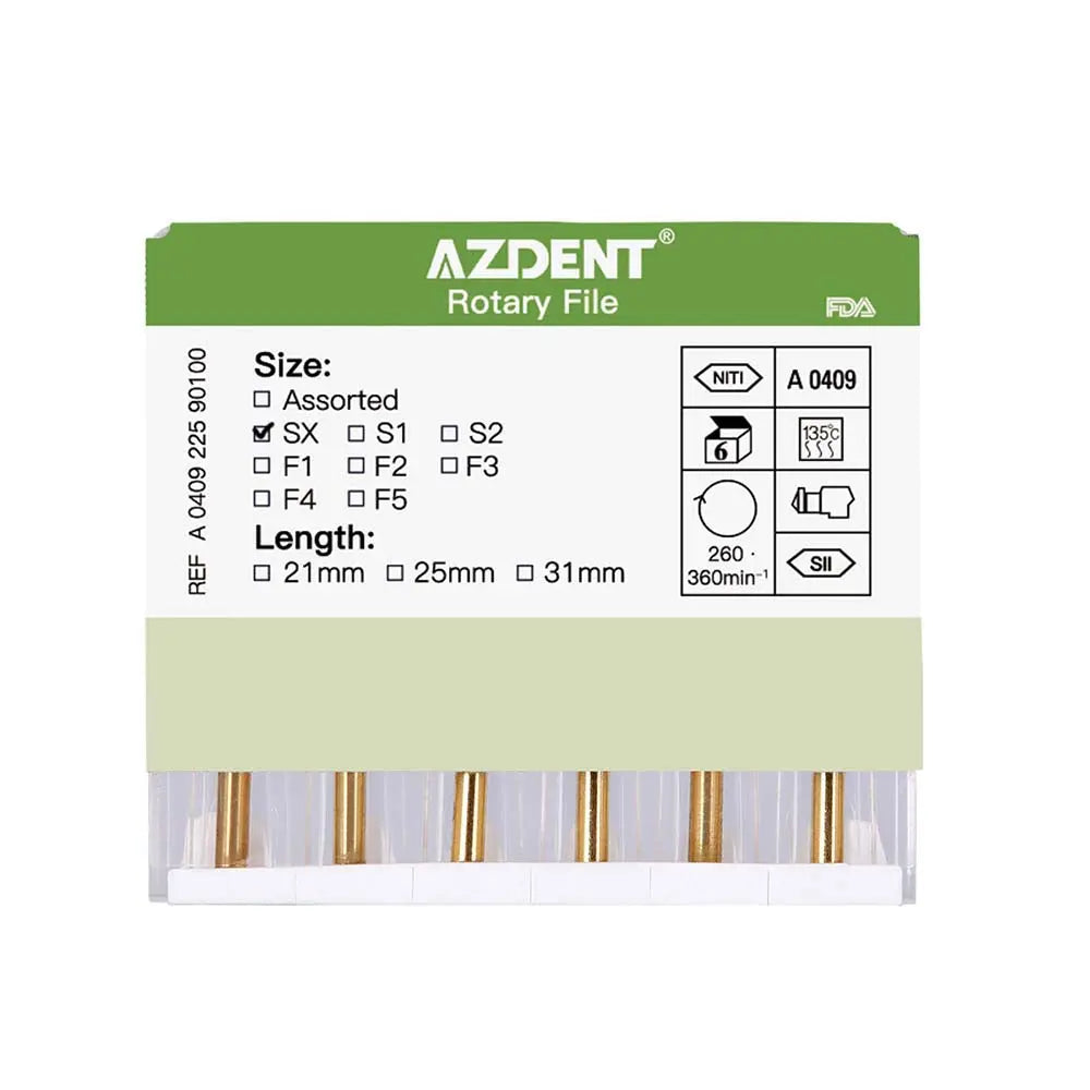 Dental NITI Rotary Engine Files Heat Activated 19mm SX 6pcs/Pk: AZDENT Rotary File package showing SX size, 19mm length, and 6 gold-colored files visible at the bottom. Green and white product label displays technical specifications and FDA approval.