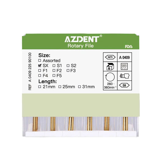 Dental NITI Rotary Engine Files Heat Activated 19mm SX 6pcs/Pk: AZDENT Rotary File package showing SX size, 19mm length, and 6 gold-colored files visible at the bottom. Green and white product label displays technical specifications and FDA approval.