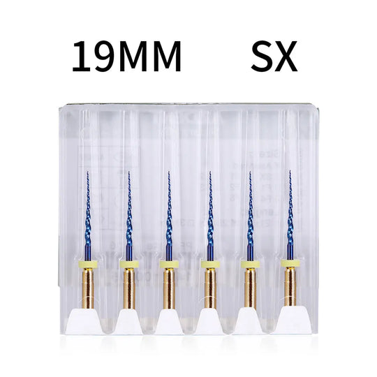 Dental NITI Rotary Engine Files Heat Activated 19mm SX 6pcs/Pk: Set of six blue and gold dental rotary files in clear plastic case, labeled 19MM SX. Precision dental tools for efficient cutting and flexibility in dental procedures.