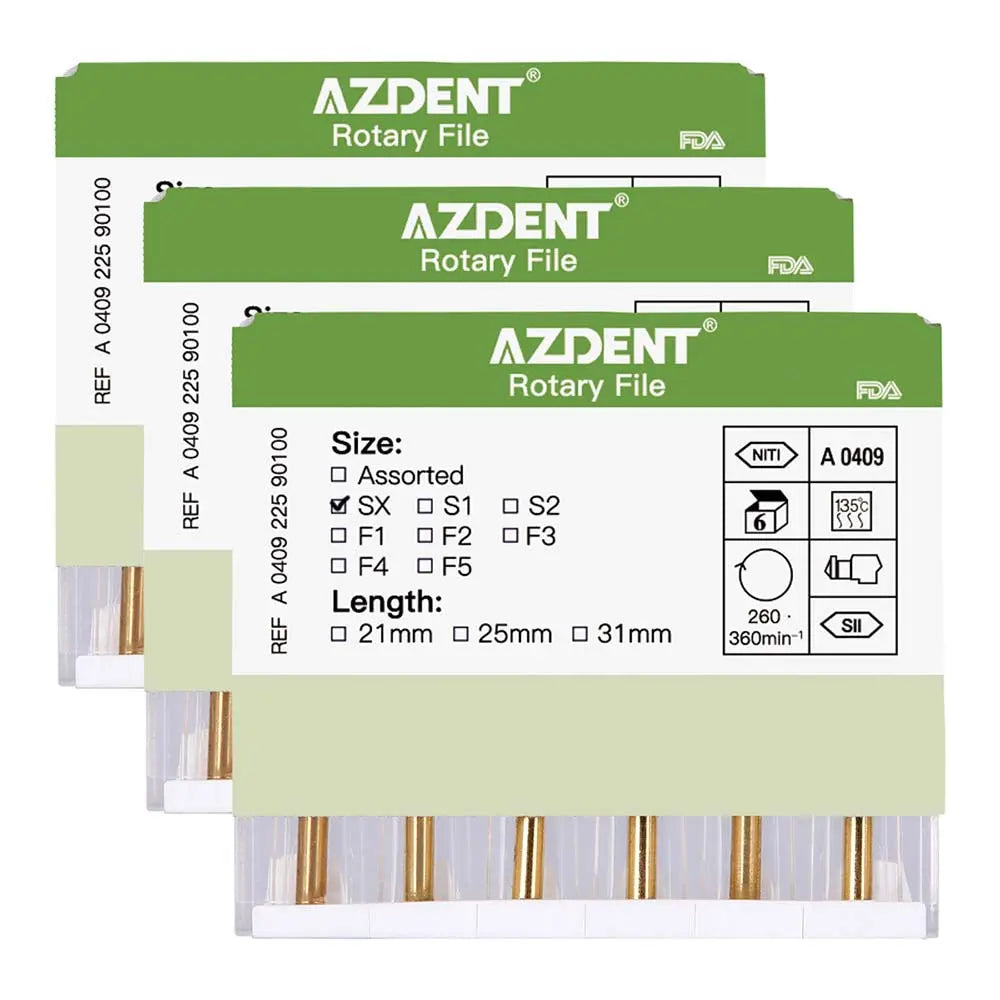 Dental NITI Rotary Engine Files Heat Activated 19mm SX 6pcs/Pk: Green-labeled AZDENT Rotary File packages displaying product specifications, including size options and length choices, with visible metal files inside transparent compartments.