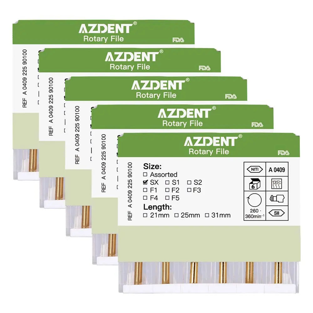 Dental NITI Rotary Engine Files Heat Activated 19mm SX 6pcs/Pk - Set of five green and white AZDENT Rotary File packages displaying product details, including size, length, and FDA approval, with visible gold-colored dental files inside each package