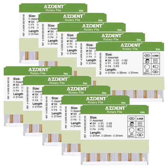 Dental NITI Rotary Engine Files Heat Activated 19mm SX 6pcs/Pk. Multiple green boxes of AZDENT rotary files displayed, showing product details like size, assorted lengths, and FDA approval. Compatible with major rotary motors, offering flexibility and high cutting efficiency.