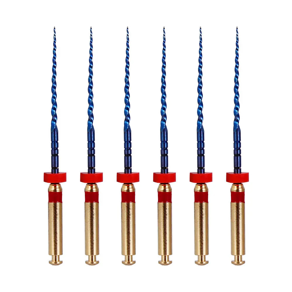 Dental NITI Rotary Engine Files Heat Activated 25mm F2 6pcs/Pk featuring six blue spiral-tipped instruments with gold and red handles, designed for precise dental procedures and compatible with major rotary motors