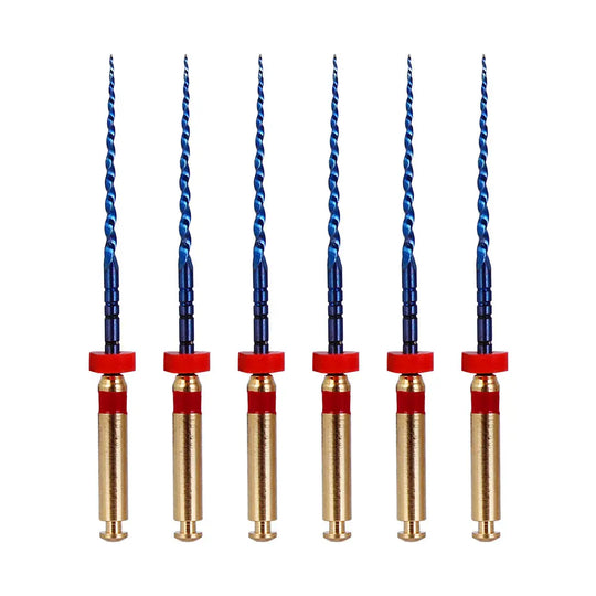 Dental NITI Rotary Engine Files Heat Activated 25mm F2 6pcs/Pk featuring six blue spiral-tipped instruments with gold and red handles, designed for precise dental procedures and compatible with major rotary motors