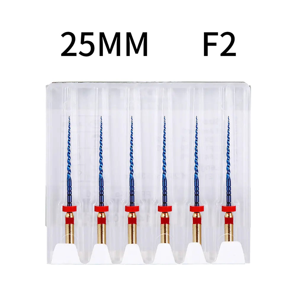 Dental NITI Rotary Engine Files Heat Activated 25mm F2 6pcs/Pk displayed in clear plastic case. Six blue and gold dental files with red markers visible, showing 25MM and F2 specifications for precise dental procedures.