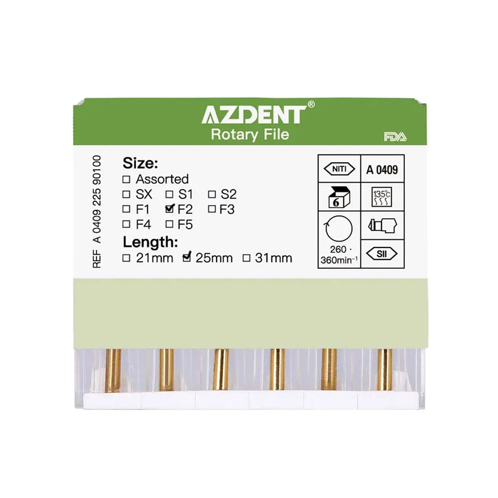 Dental NITI Rotary Engine Files Heat Activated 25mm F2 6pcs/Pk: AZDENT Rotary File package showing product details and specifications. Six golden rotary files visible in transparent packaging. Green label displays size, length, and model information.