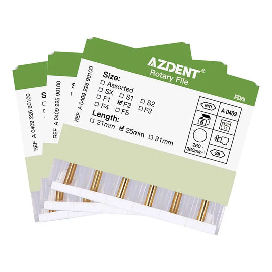 Dental NITI Rotary Engine Files Heat Activated 25mm F2 6pcs/Pk - AZDENT brand rotary file packaging showing product details, size options, and FDA approval symbols. Green label with white text displays file specifications and length choices.